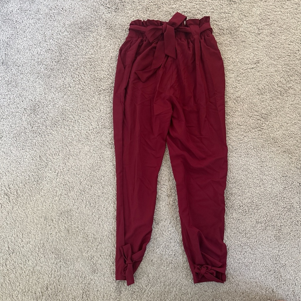 Grace Karin Maroon Paperbag Waist Tie-Front Track Pants